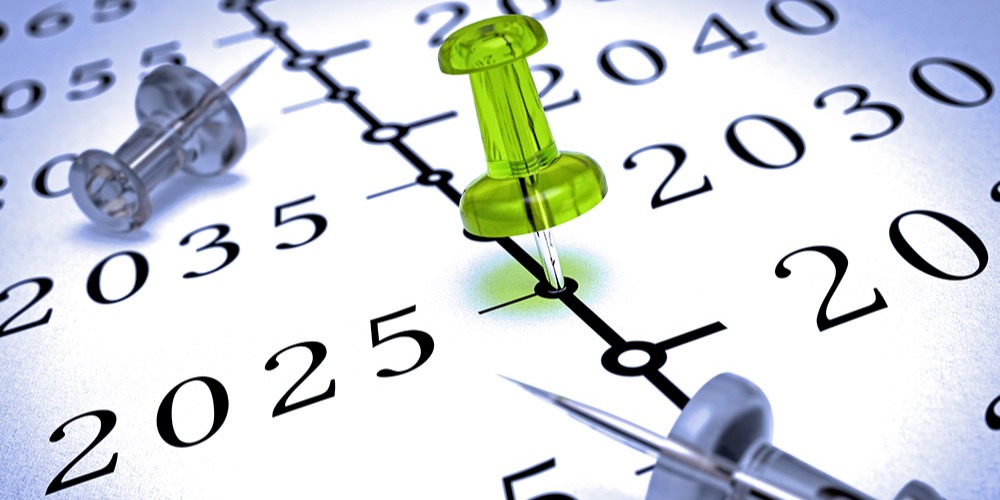 This is a photo of a timeline ranging from 2025-2065. The year 2025 is marked by a green thumbtack.
