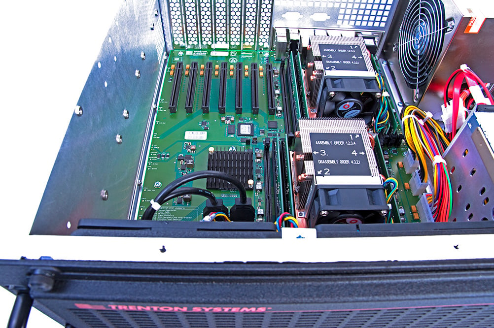 Aerial view of a Trenton Systems 4U server dual Xeon motherboard