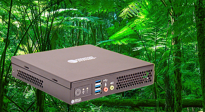 Trenton Systems ION Mini PC graphic in front of a jungle or rainforest background