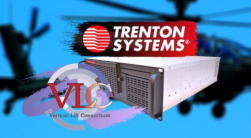 Logos for Trenton Systems, Vertical Lift Consortium superimposed over a rugged server and a blurred rotorcraft background