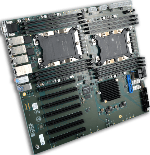 A graphic of a dual-CPU motherboard with numerous PCIe slots