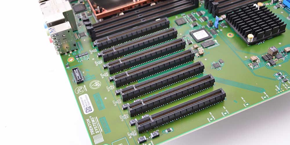 This is a photo of Trenton Systems motherboard with emphasis on its PCIe slots.