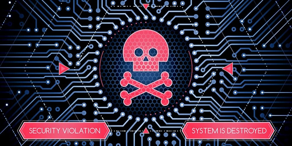 This is a photo of a piece of computer hardware with a skull on it, indicating that the system has been compromised by a hardware or firmware hack