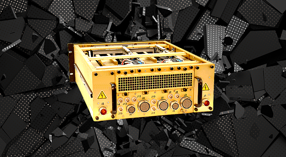 Trenton Systems 4U MIL-STD-810 server in front of an black impact graphic
