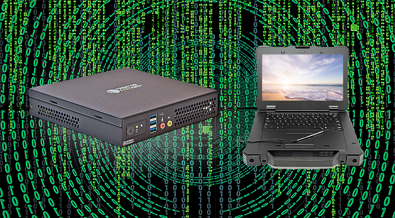 Rugged mini PC vs. rugged laptop: each of the systems are placed in front of a matrix-style background