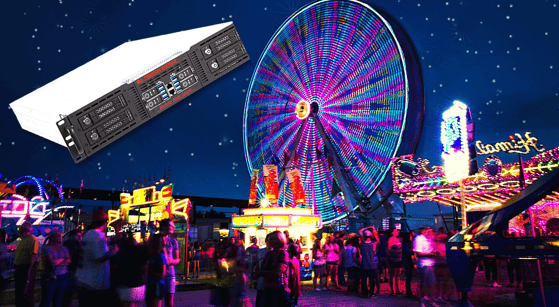 Trenton Systems 2U Rugged Modular Blade Server superimposed over a carnival background