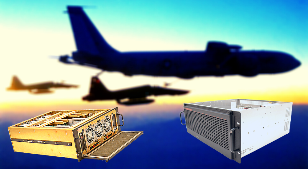Two Trenton Systems rugged servers superimposed over a photo of aircraft flying against the sunset