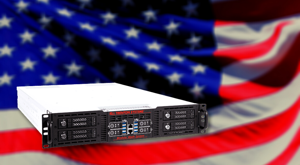 A made-in-USA modular blade rugged server superimposed over an American flag background