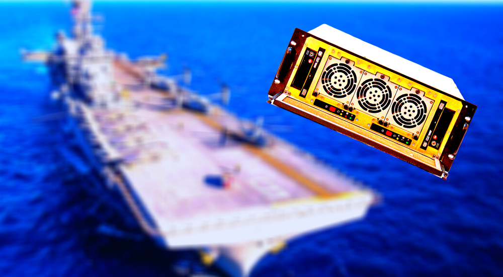A Trenton Systems 4U Mil-Spec server superimposed over a blurred U.S. Navy aircraft carrier background