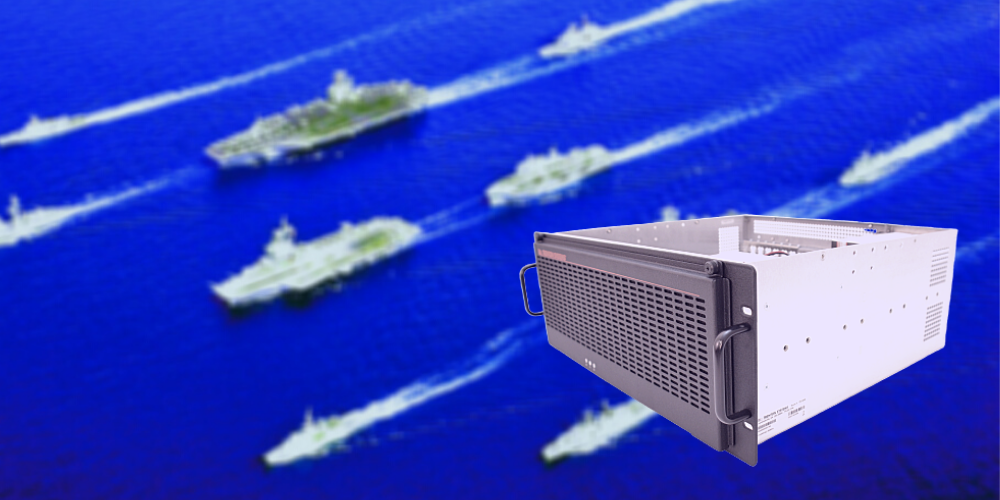 A Trenton Systems rugged server superimposed over a fleet of U.S. Navy ships