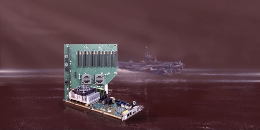 A Trenton backplane and processor board superimposed over a navy background