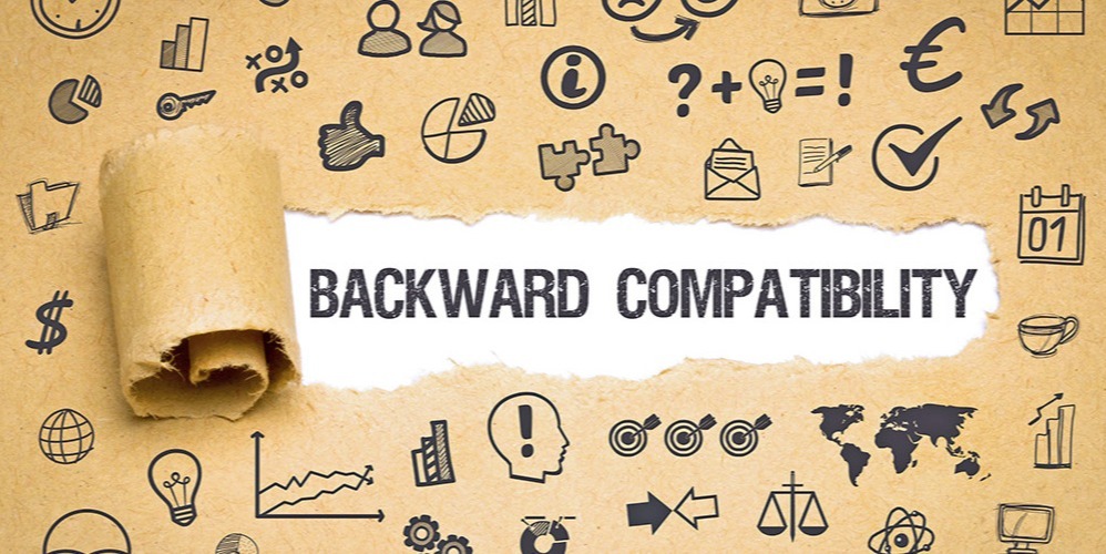 This is a gold graphic that reads "backward compatibility."