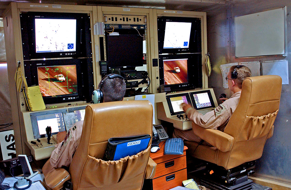 An RPA pilot and sensor operator control the MQ-1 predator from a ground control station in 2005