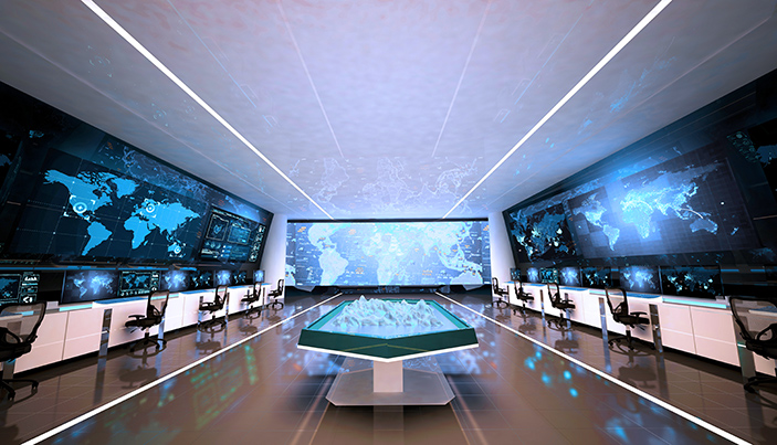 A command and control center concept, with digital maps and communications technology to inform command processes