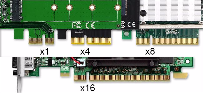 A photo of connectors on different-sized PCIe expansion cards