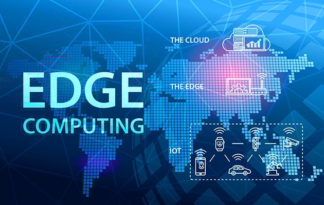 A graphic explaining edge computing's place in the middle, or at the edge, of the conventional cloud computing and internet of things (IoT) architecture