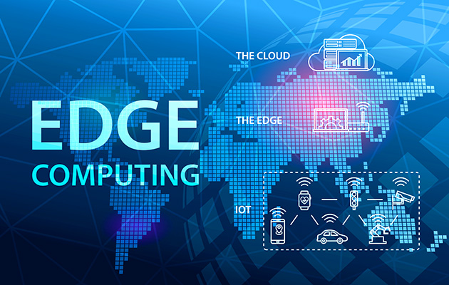 A graphic explaining edge computing's place in the middle, or at the edge, of the conventional cloud computing and internet of things (IoT) architecture