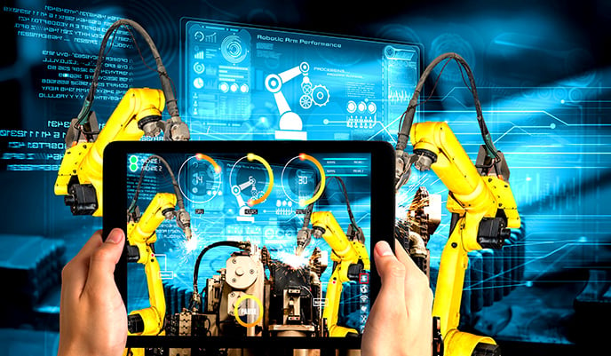 A graphically altered photo of a person assessing the state of a machine with an iPad, to showcase how edge computing can assist with industry 4.0 and industrial internet of things (IIoT) processes