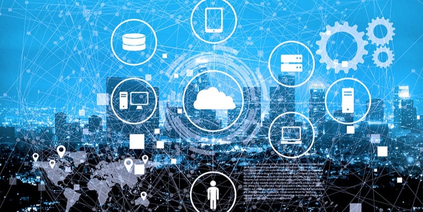 A complex edge computing network showing interconnected services and devices