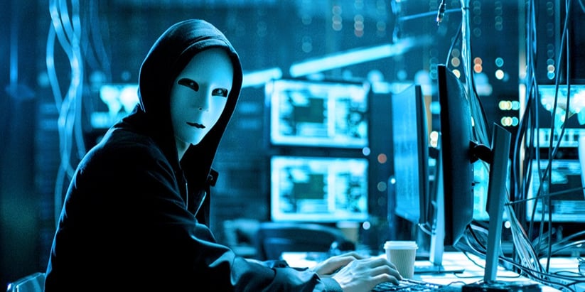 A hacker with a white face mask physically tampers with mission-critical servers