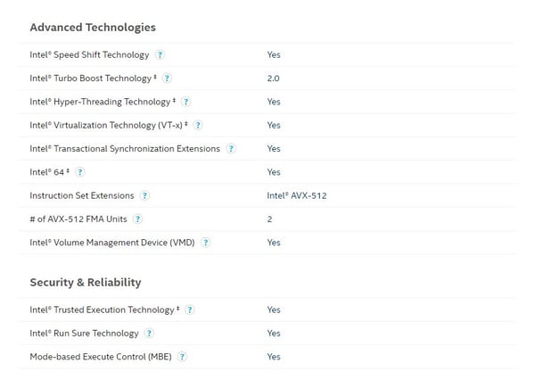 Screenshot from a processor listed in Intel's Product Specifications library