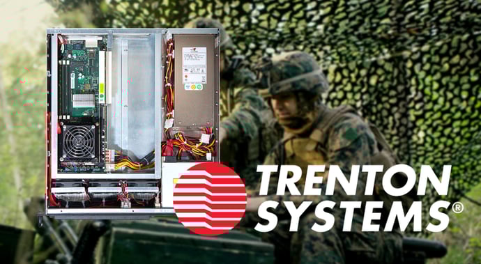 This is a photo of a Trenton Systems 2U server and Trenton Systems logo superimposed over a military satellite communications background.