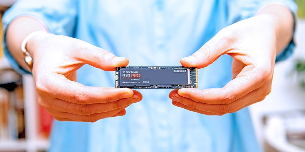 A closeup of a Samsung 970 PRO M.2 NVMe SSD