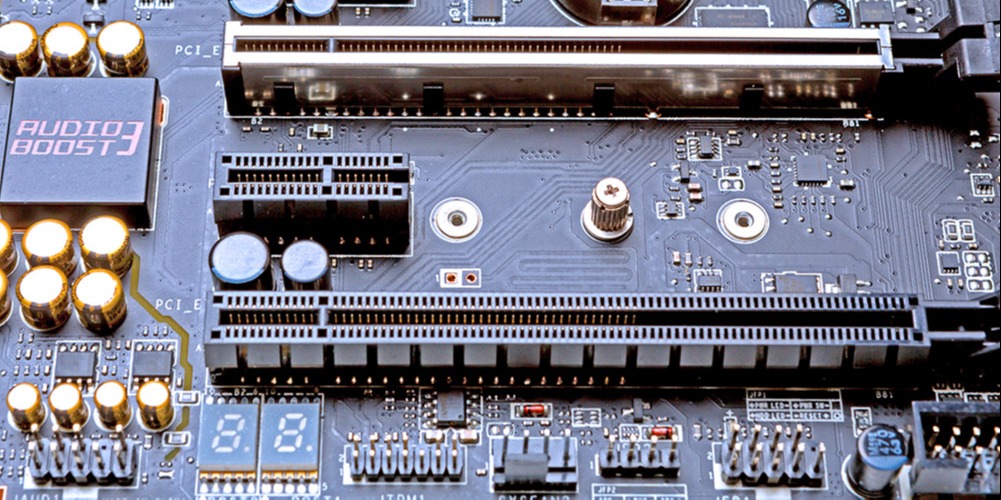 PCIe slots on a black motherboard