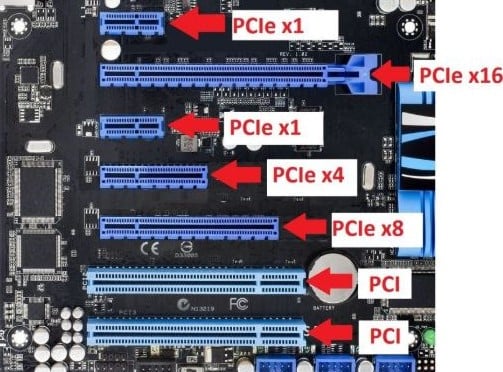 A motherboard showcasing the different PCIe slot configurations, as well as Peripheral Component Interconnect (PCI) slots, which are now obsolete.