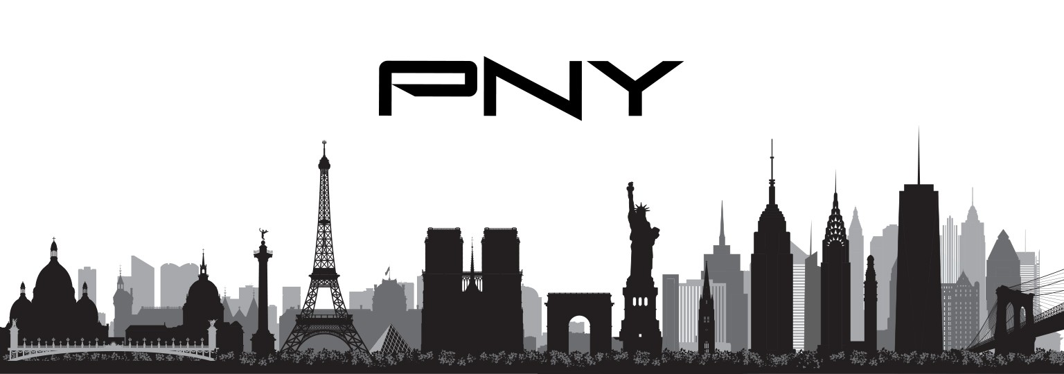 PNY Technologies' logo superimposed over major world landmarks, such as the Statue of Liberty and Eiffel Tower