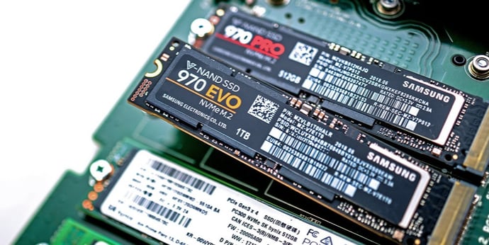 A closeup of a Samsung 970 EVO M.2 NVMe SSD