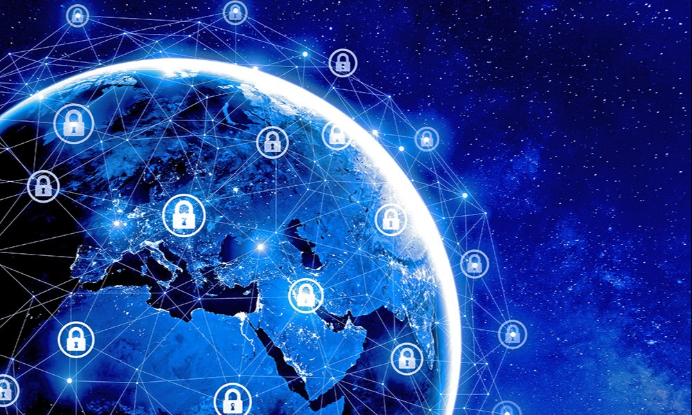This is a graphic of planet Earth that uses circuits with padlock symbols to symbolizes connected, encrypted, and protected information being shared by various parties located around the world.