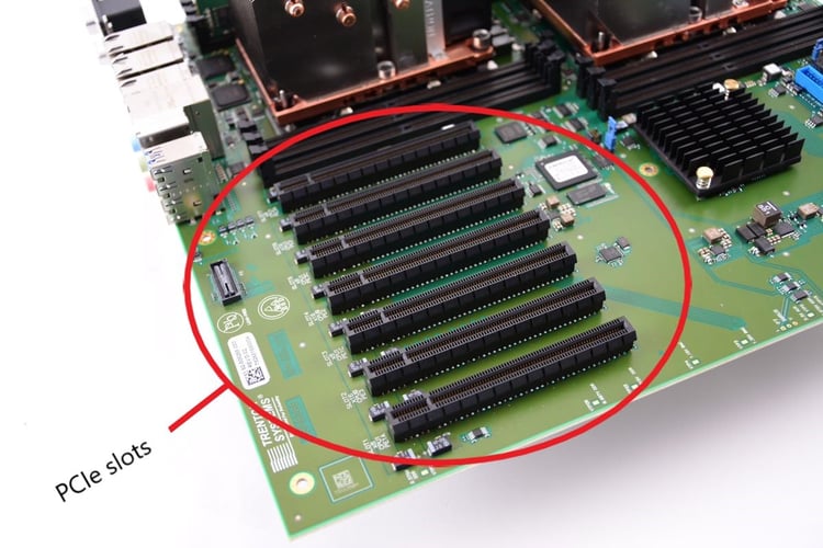 A Trenton Systems motherboard with the PCIe slots circled