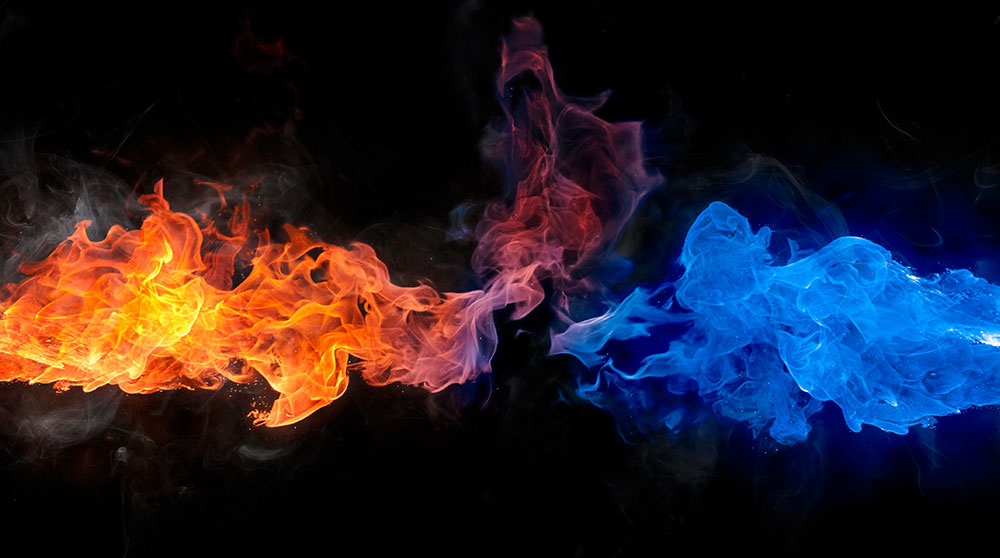 This is a graphic showcasing hot and cold temperatures using red and blue flames.