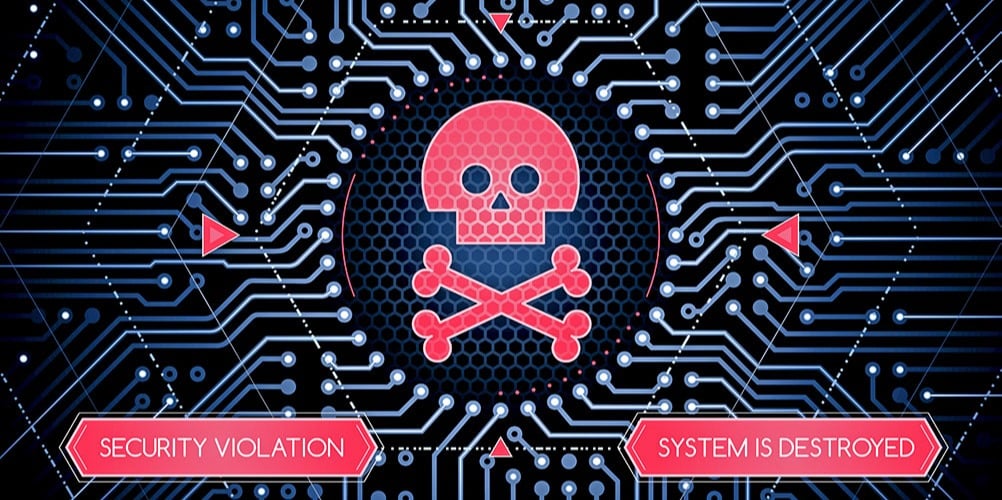 This is a photo of a piece of computer hardware with a skull on it, indicating that the system has been compromised by a hardware or firmware hack.