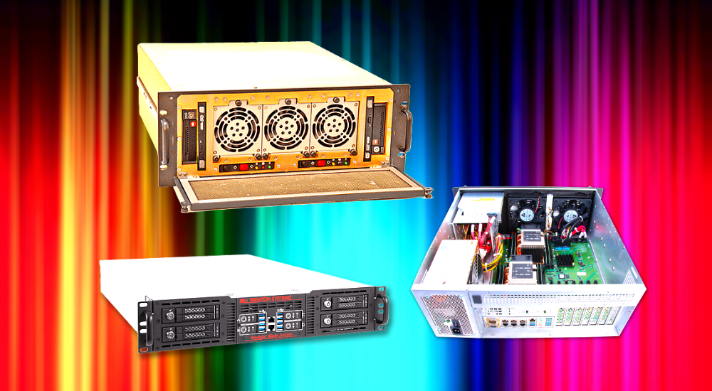 Three Trenton Systems rugged servers superimposed over a spectrum background
