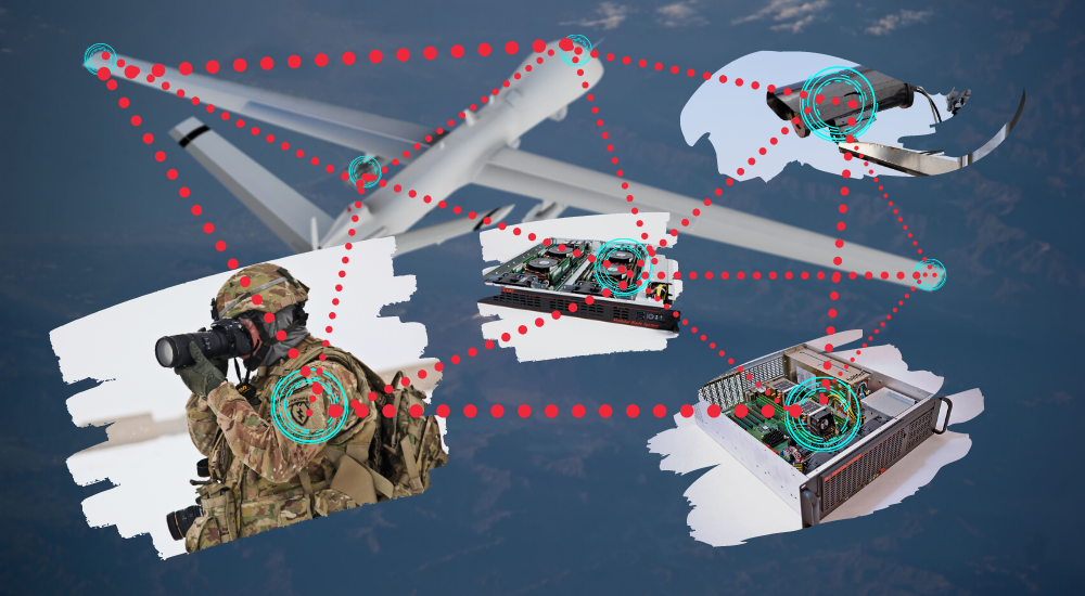 An illustration of an edge computing architecture with edge servers, a UAV, and IoT sensors