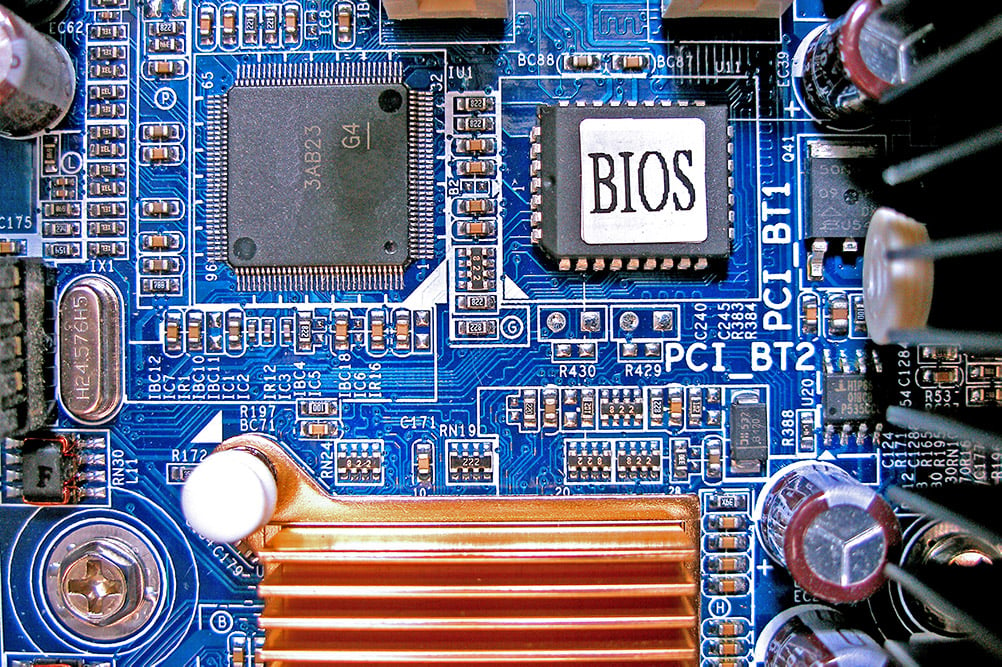 A motherboard with a BIOS label