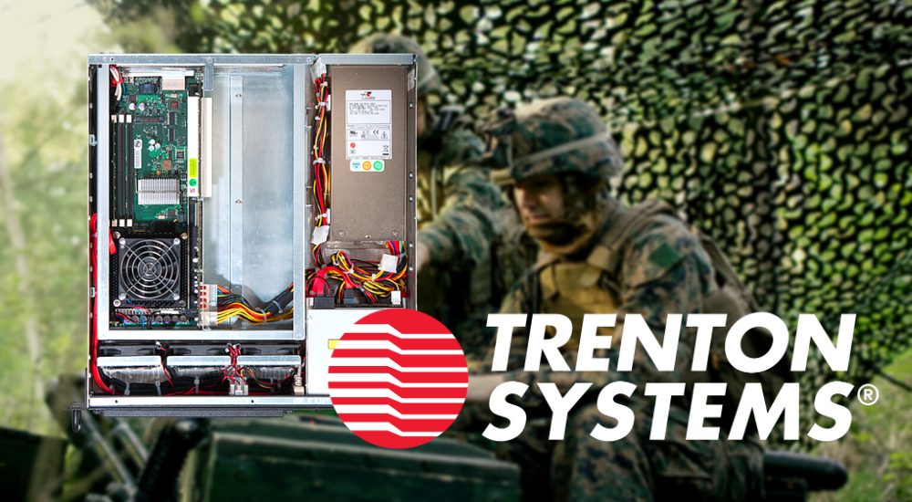 This is a photo of a Trenton Systems 2U server and Trenton Systems logo superimposed over a military satellite communications background.