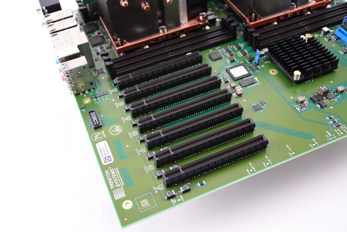 A photo of PCIe slots on a Trenton Systems motherboard